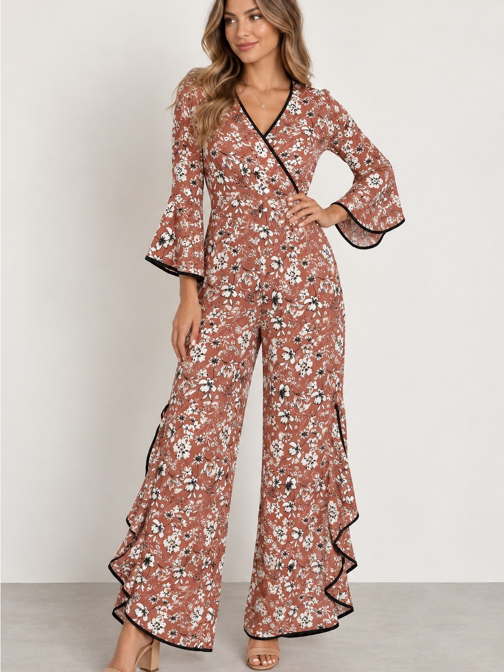 Lily Black Floral Wide Leg Ruffle Jumpsuit – Rust/Blush